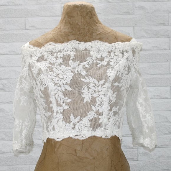 Vintage Tops - VINTAGE Top Upcycled Bridal Dress Cropped Off Shoulder Lace Floral White Small